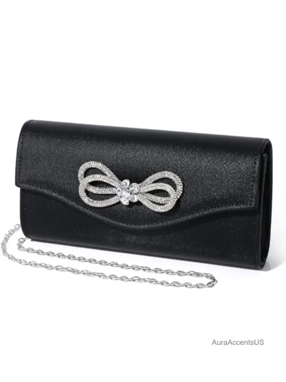 Shiny Crystal Bow Flap Clutch Evening Purse with Chain Strap